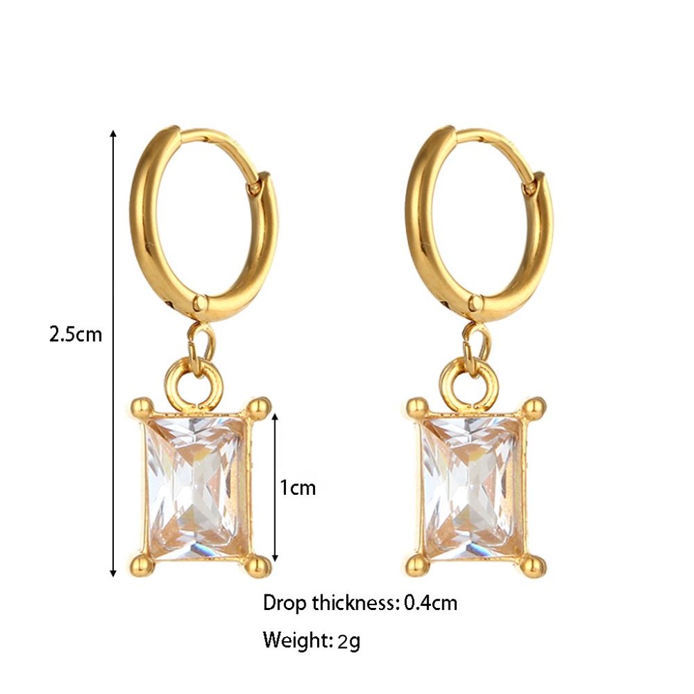 Clear Rectangle Zirconia Gemstone Hoop Earrings 18K Gold Plated Stainless Steel - Picture 8 of 9